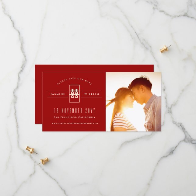 Rectangle Double Happiness Chinese Wedding Photo Save The Date (Front/Back In Situ)