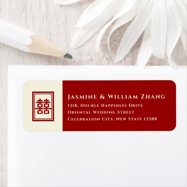 Rectangle Double Happiness Classic Chinese Wedding Label (Insitu)