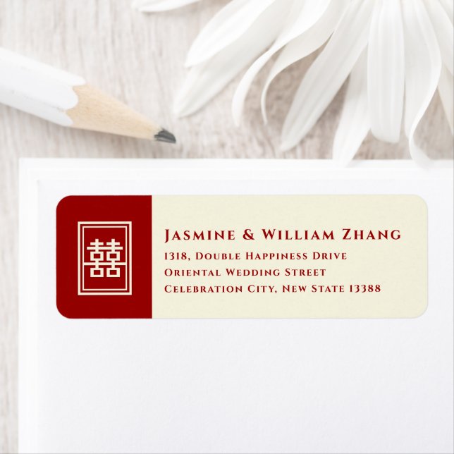 Rectangle Double Happiness Classic Chinese Wedding Label (Insitu)