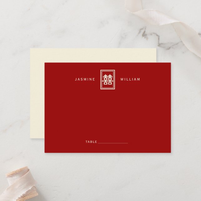 Rectangle Double Happiness Classic Chinese Wedding Place Card (Front/Back In Situ)
