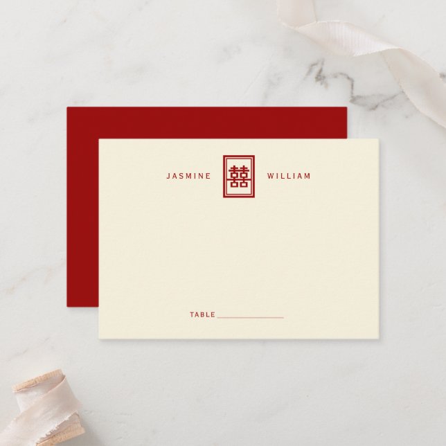 Rectangle Double Happiness Classic Chinese Wedding Place Card (Front/Back In Situ)