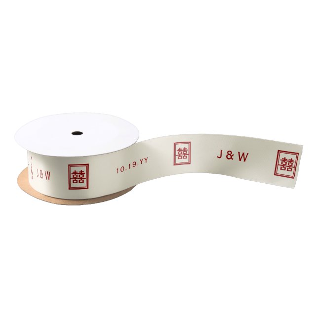 Rectangle Double Happiness Classic Chinese Wedding Satin Ribbon (Spool)