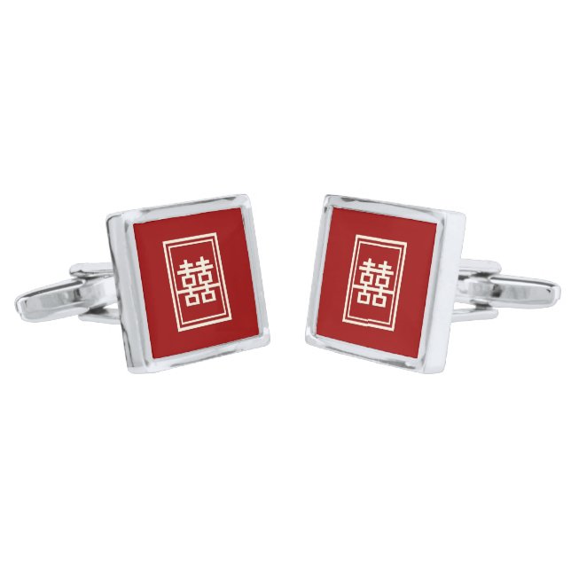 Rectangle Double Happiness Classic Chinese Wedding Silver Cufflinks (Angled)