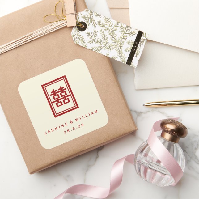 Rectangle Double Happiness Classic Chinese Wedding Square Sticker (Gifting)