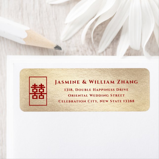 Rectangle Double Happiness Gold Chinese Wedding Label (Insitu)