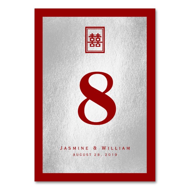 Rectangle Double Happiness Silver Chinese Wedding Table Number (Front)