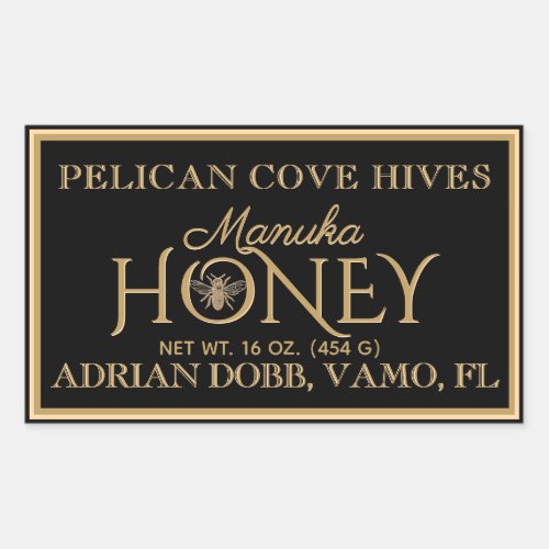 Rectangle Honey Label Black Gold Vintage Bee