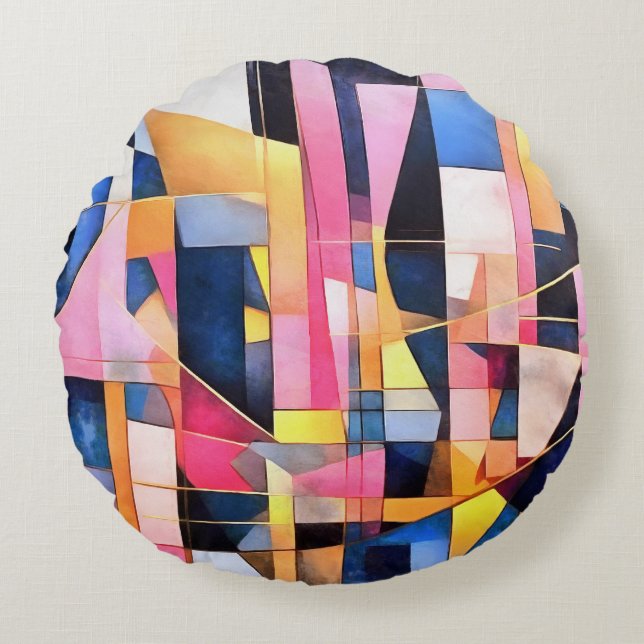 Rectangles and Triangles Geometric Abstract Round Pillow (Front)