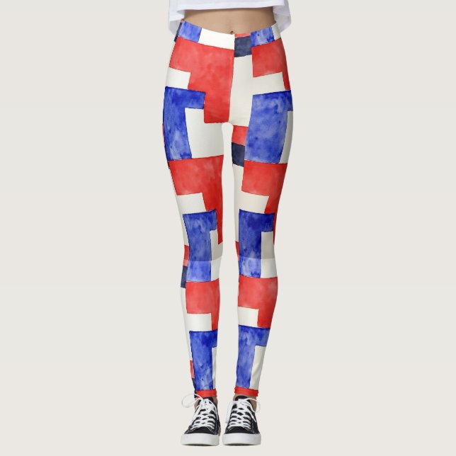 Rectangles Red White Blue Seamless Pattern Leggings (Front)