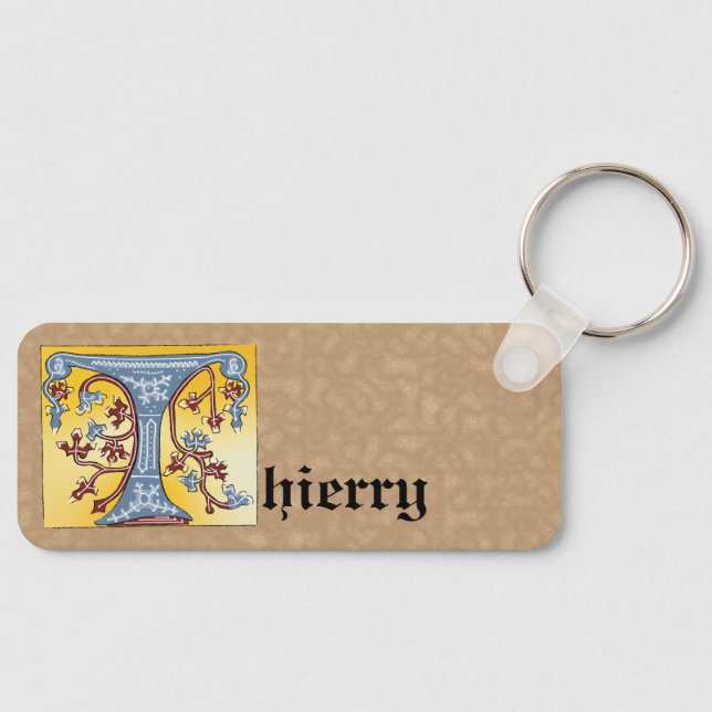 Rectangular Blue and Red Ivy Illuminated Letter T Keychain (Front)