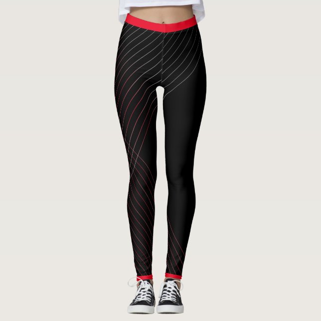 Rectangular Geometric Red Lines - Black Background Leggings (Front)