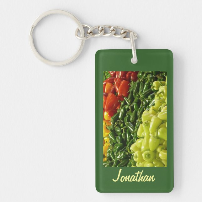 Rectangular Hot Peppers, Green, Name,  Keychain (Front)