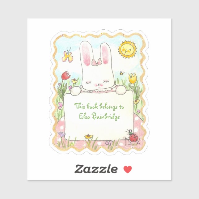Rectangular Pink Bunny Bookplate Sticker (Sheet)