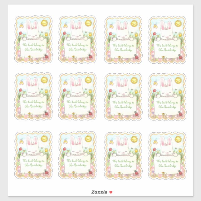 Rectangular Pink Bunny Bookplates Sticker (Sheet)