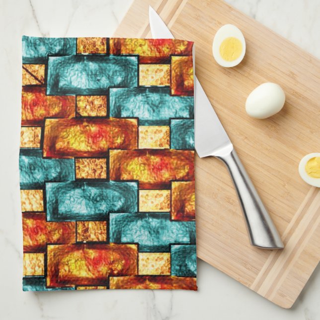 Rectangular plates carved and stained, orange cyan kitchen towel (Quarter Fold)