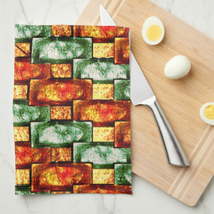 Rectangular plates carved and stained, red green kitchen towel