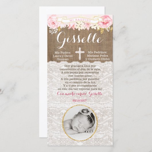 Recuerdo de Bautizo, tarjeta de recuerdo (Front/Back)