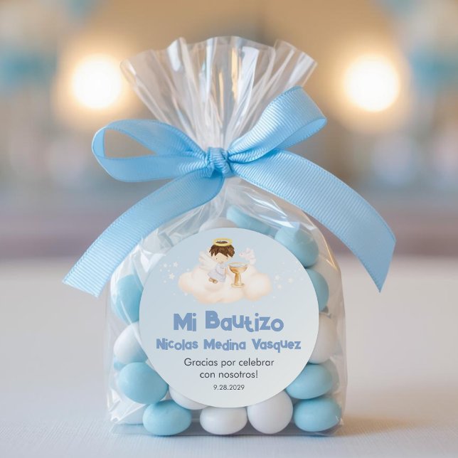 Recuerdos Bautizo Boy Angel Baptism Favors Gifts Classic Round Sticker (Creator Uploaded)