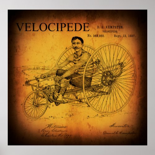 RECUMBENT VELOCIPEDE PATENT 1887 POSTER