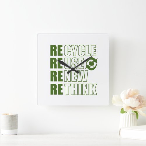 Recycle reduce reuse renew rethink square wall clock
