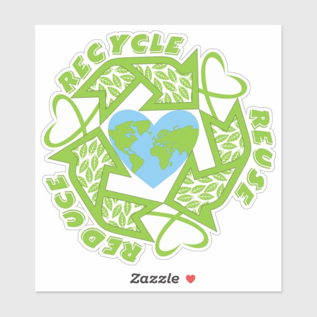 Recycle, Reuse, Reduce green Earth heart Sticker (Sheet)