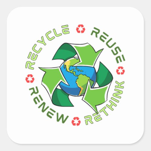 Recycle Reuse Renew Rethink Save Planet Earth Square Sticker