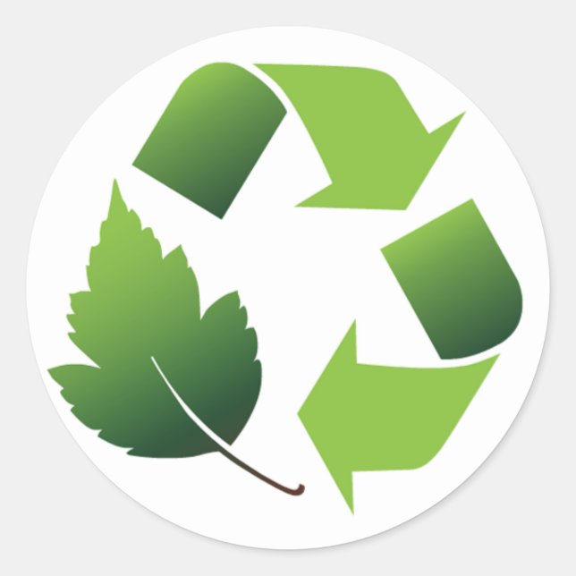 RECYCLE SYMBOL WITH LEAF CLASSIC ROUND STICKER (Front)
