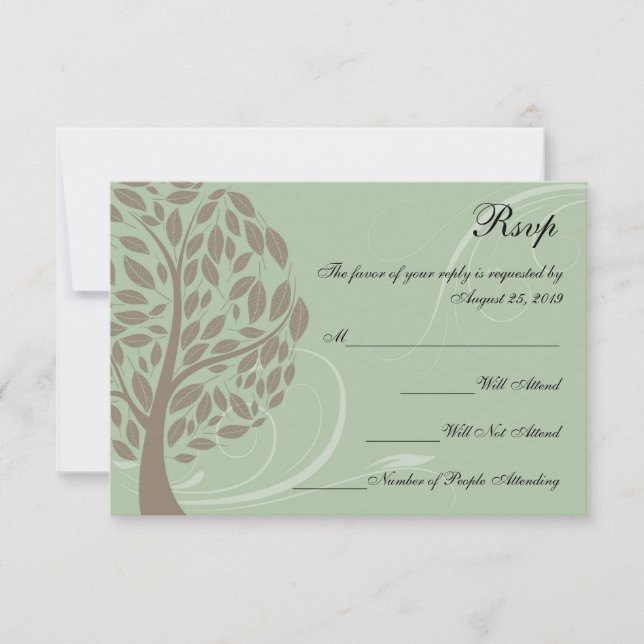Recycled Sage Green/Brown Stylized Eco Tree RSVP Card (Front)