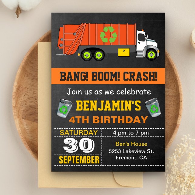 Recycling Garbage Truck Birthday Party Invitation