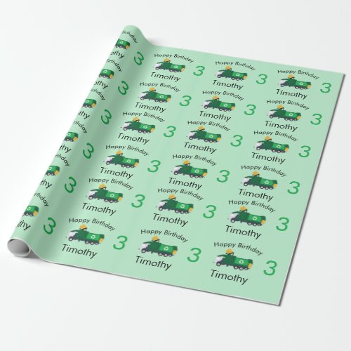 Recycling Garbage Truck Boys Name  Age Birthday Wrapping Paper