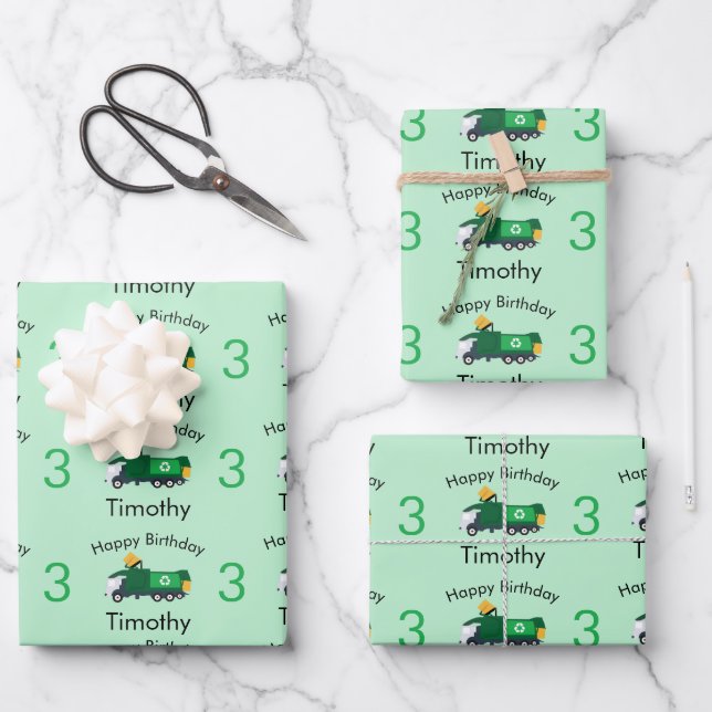 Recycling Garbage Truck Boy's Name & Age Birthday Wrapping Paper Sheets (Front)