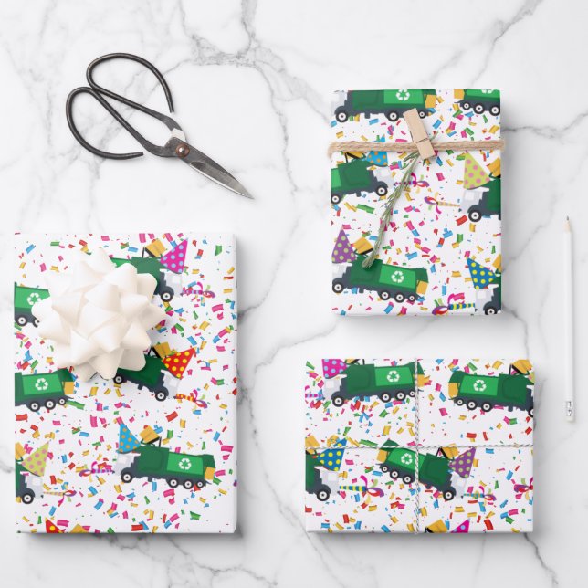 Recycling Garbage Truck Party Pattern Wrapping Paper Sheets (Front)