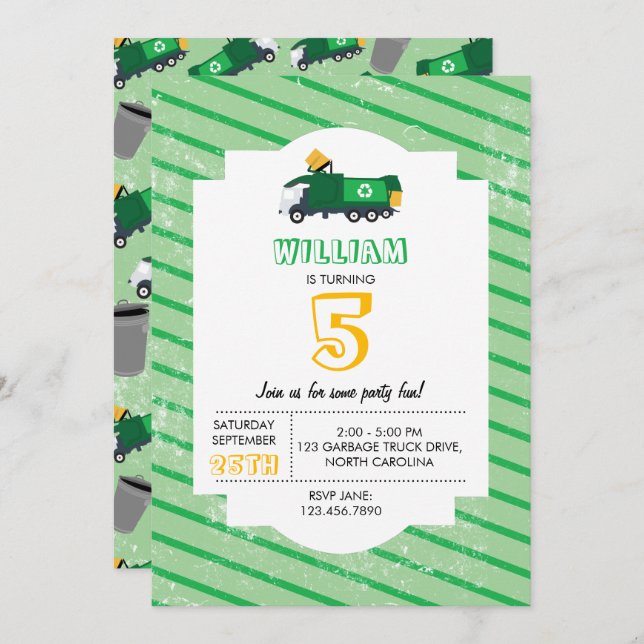Recycling Garbage Truck Pattern Birthday Invitation (Front/Back)