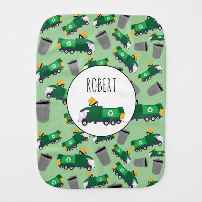 Recycling Garbage Truck Pattern Boys Name Baby Burp Cloth (Front)