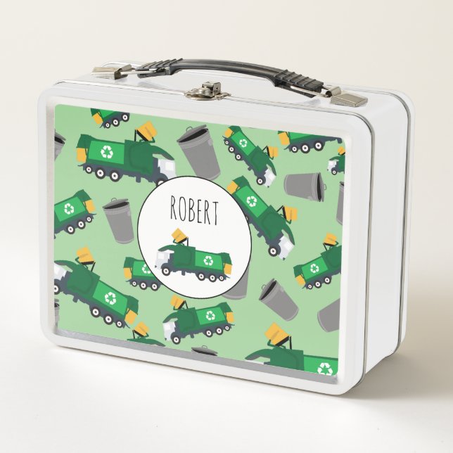 Recycling Garbage Truck Pattern Boys Name  Metal Lunch Box (Front)