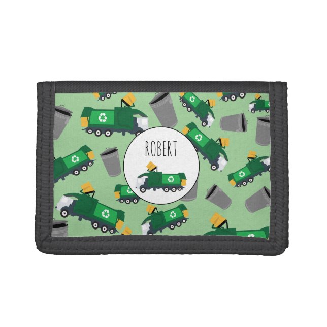 Recycling Garbage Truck Pattern Boys Name Trifold Wallet (Front)