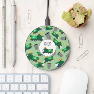 Recycling Garbage Truck Pattern Boys Name Wireless Charger