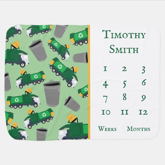 Recycling Garbage Truck Pattern Milestone Baby Blanket (Horizontal)