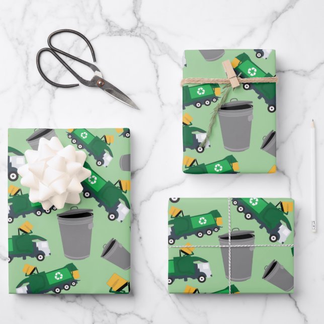 Recycling Garbage Truck Pattern Wrapping Paper Sheets (Front)