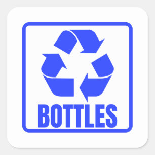 Recycling sign blue bottles square sticker