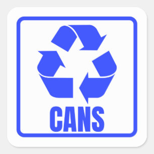 Recycling sign blue cans square sticker