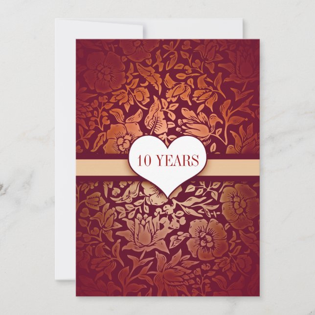 red 10 years wedding anniversary damask invitation (Front)
