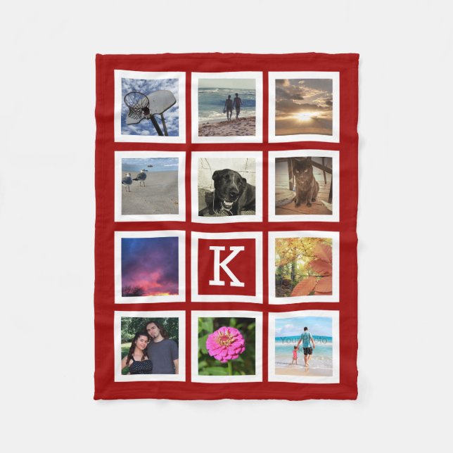 Red 11 Photo Collage Mosaic Square Frame Monogram Fleece Blanket (Front)