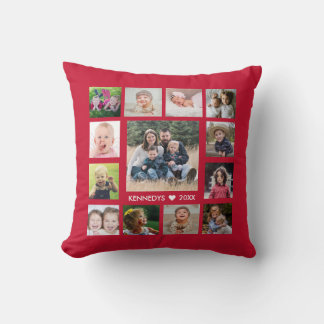 Red 13 Family Photo Collage Striped Personalized Throw Pillow