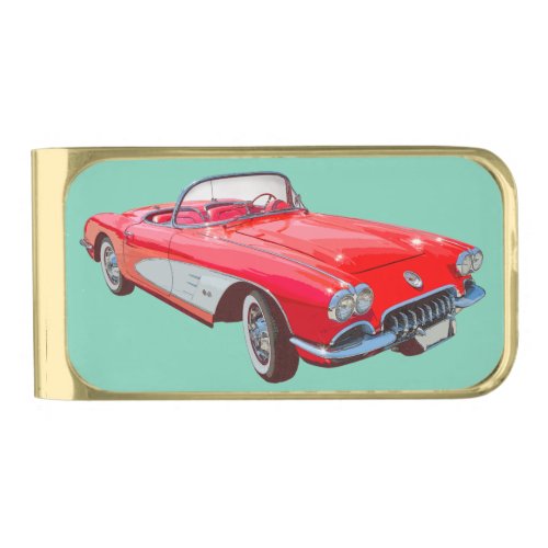 Red 1958 Corvette Convertible Classic Car Gold Finish Money Clip