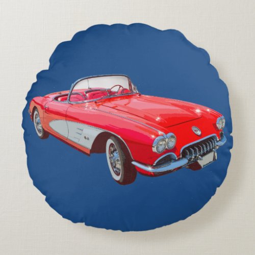 Red 1958 Corvette Convertible Classic Car Round Pillow