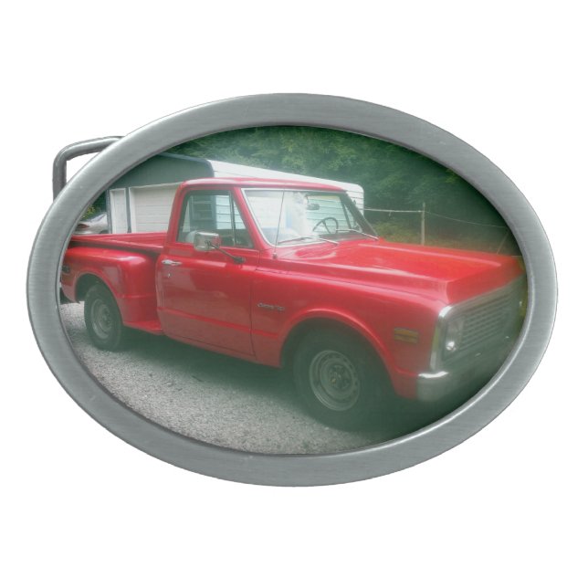 Red 1972 Chevy C10 Stepside Truck Oval Belt Buckle (Front)