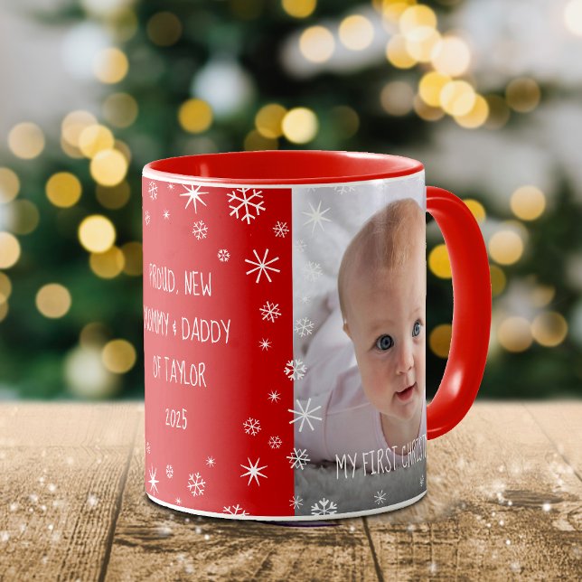 Red 1st Christmas Baby Photo New Mom Dad Custom Mug (Creator Uploaded)