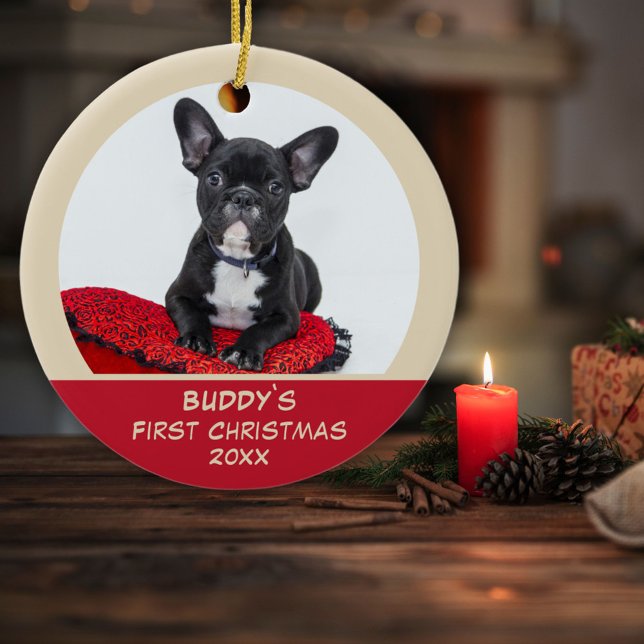 Red 1st Christmas Puppy Dog Pet Photo Ceramic Ornament (Creator Uploaded)