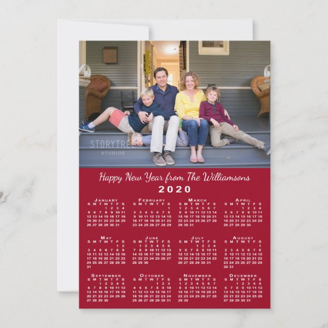 Red 2020 Calendar 2 Custom Photos Happy New Year Holiday Card (Front)
